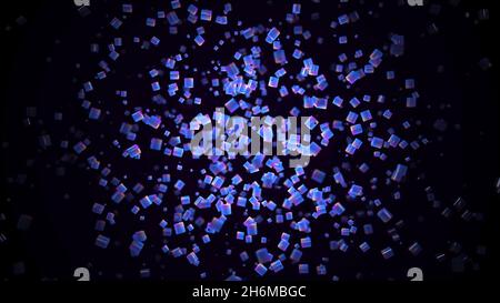 Computer generated abstract background, 3D rendering backdrop. Abstract animation of small neon multicolored 3d particles floating slowly on the black Stock Photo