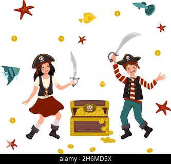 Happy pirates boy and girl with saber, cocked hat, fishes, coins and chest of gold. Joyful children in carnival costumes. Festive clothing for holiday, New Year and kid party. Vector flat illustration Stock Vector