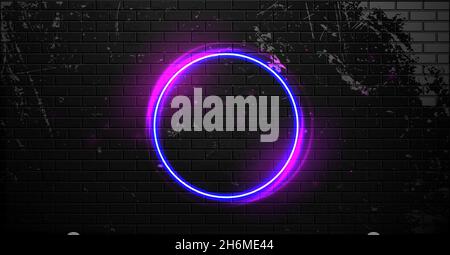 Black brick wall with neon ring frame. Night club electric sign. Neon lamp circle frame. Vector illustration. Stock Vector