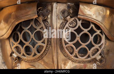 Murmillo-class helmet. Grill face visor closeup Stock Photo