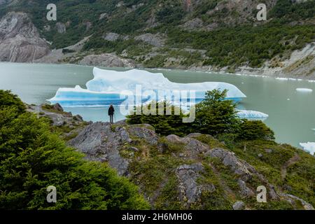 A woman stands on the green hill overlooking a lake with a large iceberg on it, Torres del Paine National Park, Chile Stock Photo