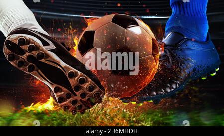 Soccer players with fiery soccerball during the match Stock Photo