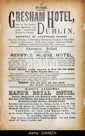 Vintage advertisement page from an 1889 Baddeley's Thorough Guide to the English Lake District.  Featuring hotels in Ireland. Stock Photo