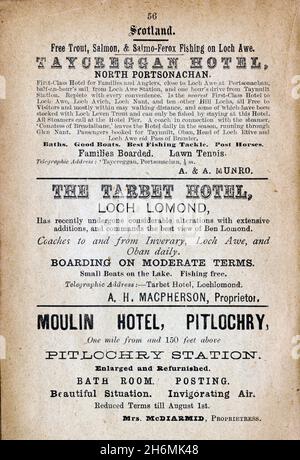Vintage advertisement page from an 1889 Baddeley's Thorough Guide to the English Lake District.  Featuring hotels in Scotland, UK. Stock Photo