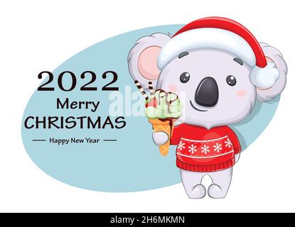 Merry Christmas and Happy New Year greeting card. Funny koala in Santa hat and red sweater holding ice-cream. Cute cartoon character. Stock vector ill Stock Vector