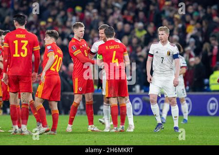 Cardiff, Wales, UK. 16th Nov, 2021. Former Tottenham clubmates, Joe Rodon, Jan Vertonghen and Ben Davies after the World Cup 2022 group qualification match between Wales and Belgium at the Cardiff City Stadium. Credit: Mark Hawkins/Alamy Live News Stock Photo