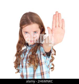 pretty little girl requiring stop with her hand, focus on the palm Stock Photo