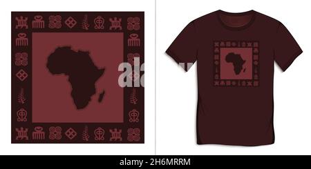 Africa Map with African hieroglyphs, Adinkra symbols, isolated on background, t-shirt graphics design vector Stock Vector