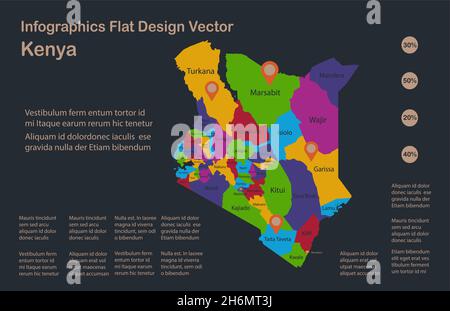 Infographics Kenya map, flat design colors, names of individual administrative division, blue background with orange points vector Stock Vector