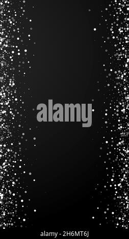 Random white dots Christmas background. Subtle flying snow flakes and stars on black background. Adorable winter silver snowflake overlay template. Be Stock Vector