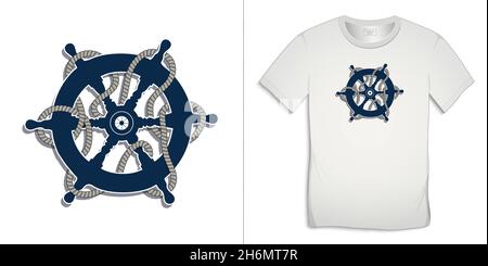 Print on t-shirt marine graphics design, rudder icon with rope, white background vector Stock Vector