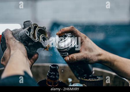 car service station , oil and filter replacement, car maintenance Stock Photo