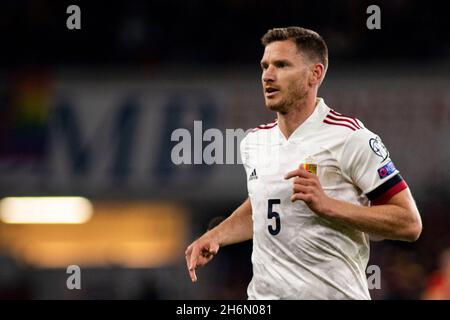 Cardiff, UK. 16th Nov, 2021. Jan Vertonghen of Belgium in action. Wales v Belgium in a 2022 FIFA World Cup Qualifier at the Cardiff City Stadium on the 16th November 2021. Credit: Lewis Mitchell/Alamy Live News Stock Photo