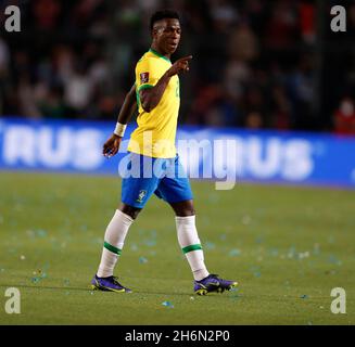 San Juan, Argentina. 16th Nov, 2021. Football: World Cup qualifying South America, Matchday 14, Argentina - Brazil, San Juan del Bicentenario Stadium. Vini Jr. from Brazil gestures. Credit: Gustavo Ortiz/dpa/Alamy Live News Stock Photo