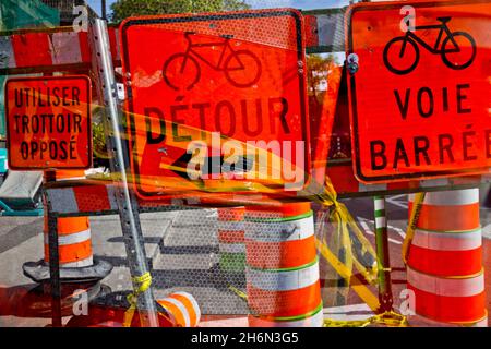 Multiple exposure of construction site signs and cones on a Montreal street, Quebec, Canada Stock Photo