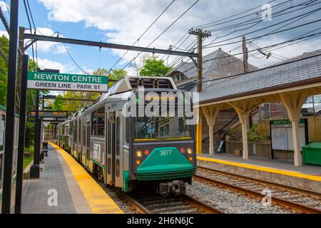 Boston Metro MBTA Ansaldo Breda Type 8 Green Line at Newton Centre station, Newton, Massachusetts MA, USA. Stock Photo