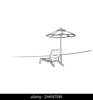 beach chair and umbrella in summer illustration vector isolated on white background line art. Stock Vector