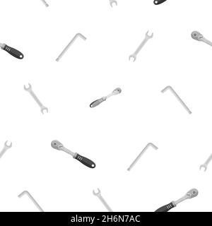 Pattern of flat key ratchet, hexagon and just a wrench classic shape. Color design. On a white background. Tools for any specialist. Flat vector Stock Vector