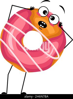 Cute glazed donut character with emotions in panic grabs his head, surprised face, shocked eyes, arms and legs. Man baking dessert with scared expression. Vector flat illustration Stock Vector