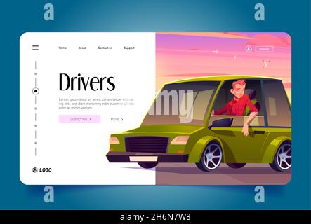 Drivers banner with man sitting in green car on background of sunset pink sky. Vector landing page of professional driving and chauffeur job with cartoon illustration of character in vehicle Stock Vector