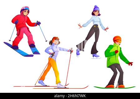 People with ski, snowboard and skates. Vector cartoon set of characters with winter sport equipment for riding on snow. Skier, snowboarder and skater isolated on white background Stock Vector