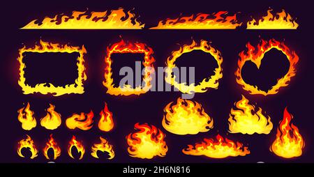 Cartoon fire frames and bonfire, rectangular, square, round and heart shaped burning borders with long red and yellow flame tongues on edges isolated blazing borders 2d elements, Vector icons set Stock Vector