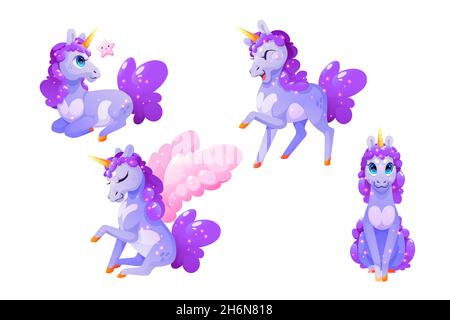 Funny unicorn character, Pegasus with pink wings and gold horn in different poses isolated on white background. Vector set of cartoon cute magic horse with golden horn, purple mane and sparkles Stock Vector