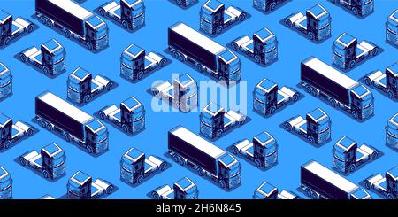 Seamless pattern with isometric trucks on blue background. Delivery trailers, cargo transportation vehicles with containers for freight logistics and shipment, Vector illustration in line art style Stock Vector