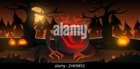 Creepy witch cauldron with magic potion in night forest Halloween background. Wizard pot with brew under full moon in dark wood with pumpkin lanterns spooky game scene, Cartoon vector illustration Stock Vector