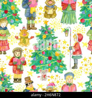 Seamless patterns with carolers singing carols, decorated conifer, funny pets, little girl with lantern on white background. Watercolor illustrations. Stock Photo