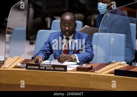 (211117) -- UNITED NATIONS, Nov. 17, 2021 (Xinhua) -- Collen Vixen Kelapile, president of the Economic and Social Council, addresses the UN Security Council meeting 'Peace and Security Through Preventive Diplomacy: A Common Objective to All UN Principal Organs,' at the UN headquarters in New York, Nov. 16, 2021. (Manuel Elias/UN Photo/Handout via Xinhua) Stock Photo