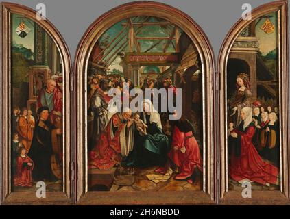 Netherlands / Middle East: 'The Adoration of the Magi'. Oil on panel painting by Jacob Cornelisz vaan Oostsanen (1472/1477 - 18 October 1533), 1517. Known in the Christian Bible as the Adoration of the Magi, this vivid scene depicts the Virgin Mary, mother of Christ, sitting in a ruined palace with the baby Jesus in her hands. The Three Kings (the Magi) have come to Bethlehem to honour the child. They are dressed in their finest clothes. The kings, having removed their crowns, kneel and kiss the Christ's hand. Each bears a gift: gold, frankincense and myrrh. Joseph stands in red in the back. Stock Photo