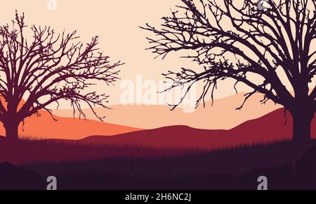 Fantastic mountain views with dry tree silhouettes from the out of the city at dusk in the evening. Vector illustration of a city Stock Vector