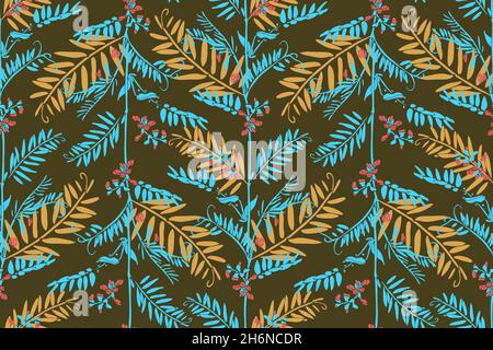 Vector floral seamless pattern. Turquoise, yellow twigs and leaves, red flowers on a khaki background.  Stock Vector