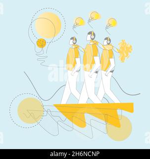 Bright Ideas lightbulb moment concept vector illustration, big idea thinking on a yellow background with clouds and cogs. Stock Vector