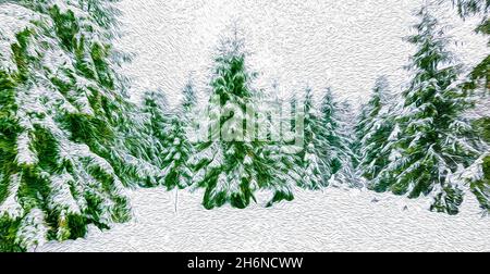 Oil painted winter landscape with pine trees. Stock Photo