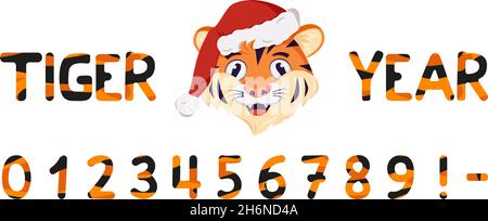 Numbers with striped tiger pattern and muzzle of animal predator in Santa hat. Festive orange font with black stripes or decoration for New Year and Christmas or winter holiday Stock Vector