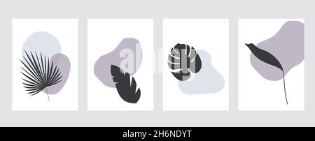 Silhouettes of monstera, palm leaves and other tropical foliage on abstract spotted background Stock Vector