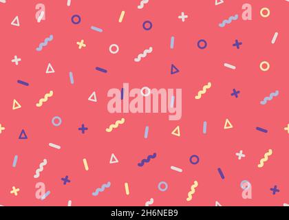 Various small geometric shapes on red backdrop. Line style Stock Vector