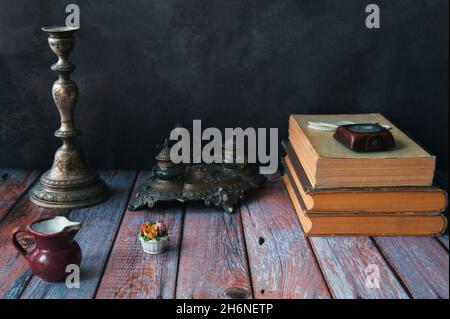 Still life vintage objects on wooden rustic background Stock Photo