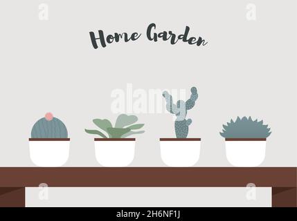 Different cactus, plants and succulents in white pots on wooden table Stock Vector