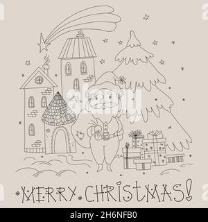 Merry Christmas postcard. Cute Santa Claus with gifts, Christmas tree, New Years houses and Star of Bethlehem. Vector illustration. Linear hand