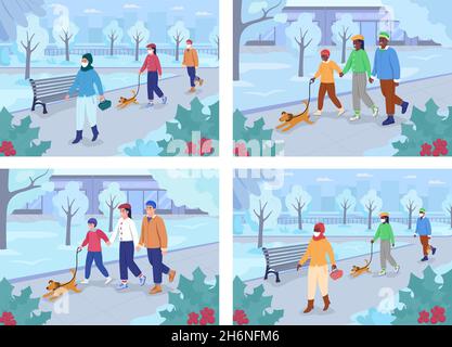 Walk in winter park flat color vector illustration set Stock Vector