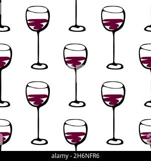 Seamless doodle pattern with wine glass. Vector sketch illustration. Stock Vector
