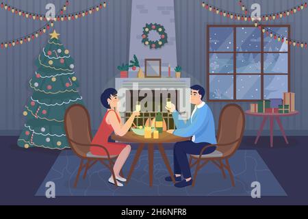 Christmas dinner for couple flat color vector illustration Stock Vector