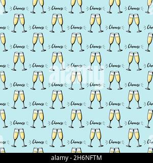 Glasses of champagne seamless doodle pattern. Cheers vector illustration on blue background. Valentines day greeting card, anniversary celebration poster Stock Vector