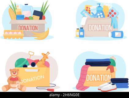 Donation box 2D vector isolated illustration set Stock Vector