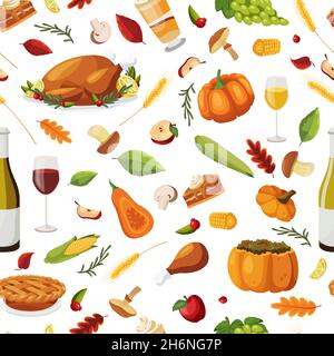 Thanksgiving holiday meal seamless pattern. Vector flat cartoon menu illustration. Traditional holiday home made food dishes on white background. Fabr Stock Vector