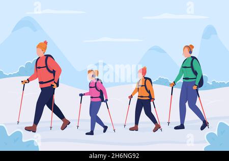 Family hiking in winter flat color vector illustration Stock Vector