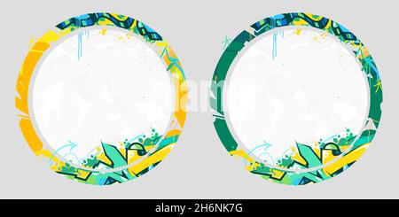 Two Abstract Flat Round Colorful Hip Hop Street Art Graffiti Style Urban Calligraphy Vector Illustration Background Art Banners Stock Vector